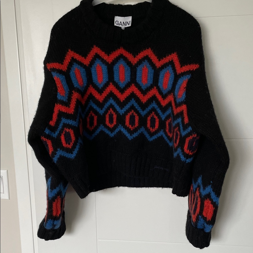 Ganni Black Sweater with Vibrant Red and Blue Design
